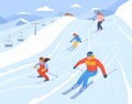 Family at ski resort. Snowboarder on snow slope, winter skiing mountain elevator, kid skier on alpine lift, holiday Royalty Free Stock Photo