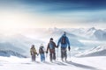 Family ski vacation. Group of young skiers in the Alps mountains. Mother and children skiing in winter. Parents teach