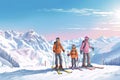 Family ski vacation. Group of young skiers in the Alps mountains. Mother and children skiing in winter. Parents teach