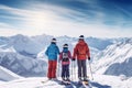 Family ski vacation. Group of young skiers in the Alps mountains. Mother and children skiing in winter. Parents teach