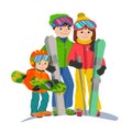 Family skiers vacations in the mountains. Illustration couple parents and child winter sport isolated white background