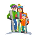 Family skiers vacations in the mountains. Illustration couple parents and child winter sport isolated white background