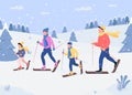 Family skiing flat color vector illustration Royalty Free Stock Photo