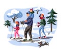 Family skiing flat vector illustration Royalty Free Stock Photo