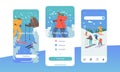 Family Skiing Mobile App Page Onboard Screen Template. Happy Characters Riding Skis by Snow Slopes on Winter Resort