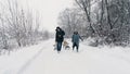 family sledding in winter. outdoor winter activity. Happy, laughing, playful family of 4 is enjoying of sledging their Royalty Free Stock Photo