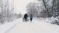 family sledding in winter. outdoor winter activity. Happy, laughing, playful family of 4 is enjoying of sledging their Royalty Free Stock Photo