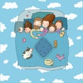 The family sleep in bed. Cartoon mom, dad and babies. Sweet Dreams. Good night. Bed linen. Funny pets. Illustration for Royalty Free Stock Photo