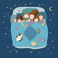 The family sleep in bed. Cartoon mom, dad and babies. Sweet Dreams. Good night. Bed linen. Funny pets. Illustration for Royalty Free Stock Photo