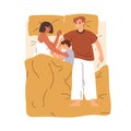 Family sleeping together. Sleepy parents and child dreaming, lying in bed, top view. Kid asleep in fetal position