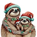 family of sloths in santa hat graphic for christmas