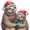 family of sloths in santa hat graphic for christmas