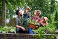 Family with small children gardening on farm, growing organic vegetables.