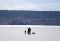 A family with a small toddler and a dog playing on a frozen lake.
