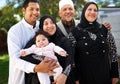 Family, smile and together for eid, islam and ramadan for religious holiday and happy. Senior people, mom and dad with Royalty Free Stock Photo