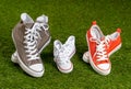 Family sneakers canvas mother father and child shoes on green grass in happy family lifestyle