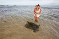 Family snorkeling with turtle at the tropical coast of Sri Lank Royalty Free Stock Photo