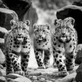 A family of snow leopards stalking through their enclosure