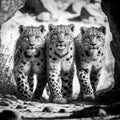 A family of snow leopards stalking through their enclosure