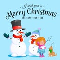 Family of snowman in black hat and gloves, red scarf tied around neck, nose from the carrot, little girl singing holiday