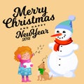 Family of snowman in black hat and gloves, red scarf tied around neck, nose from the carrot, little girl singing holiday