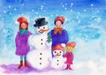 Family with snowman watercolor painting