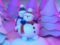 A family of snowmen is walking through the forest. Illustration in neon lighting. Positive emotions. The father holds the child on