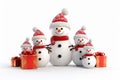A family of snowmen wearing red hats and scarves with a few presents