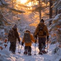 Family snowshoe outing Winter fun and exploration on snowy paths Royalty Free Stock Photo