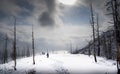 A family snowshoeing on a mountain trail.