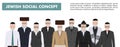Family and social concept. Group senior jewish men standing together in different traditional clothes in flat style. Old