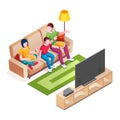 Family on sofa watch television or tv show, movie