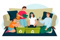 Family sorting segregating waste. Vector flat cartoon illustration. Ecological people lifestyle. Recycling concept
