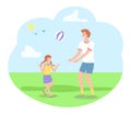 Family spending time in summer park playing with ball, leisure, kid and dad have fun, recreation Royalty Free Stock Photo