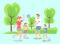 Family spending time in summer park playing with ball, leisure, kids, mother, father have fun Royalty Free Stock Photo