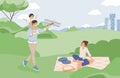 Family spending time together at summer picnic vector flat illustration. Mother father and child playing outdoor. Royalty Free Stock Photo