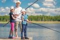 The family spends time on fishing, people on the pier