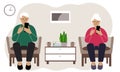 The family spends time together at home, grandparents are relaxing in the living room using a smartphone. Family evening