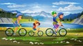 Family sport bicycle walk composition with outdoor beautiful landscape sky, lake and mountains with family members riding bikes