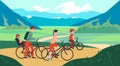Family sport bicycle walk composition with outdoor landscape sky and mountains with family members riding bikes vector
