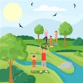 Family sport character father son workout exercise, woman practice yoga forest park flat vector illustration. Outdoor