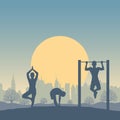 Family sport outdoor. Dad, mom and son are engaged in fitness, pilates, yoga outside a city, performs physical exercises to