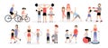 Family sports activity collection. Mothers and fathers with children set. Bosu, weightlifting, boxing, jumping rope