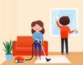 Family spring cleaning home, housework vector