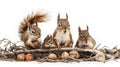 A family of squirrels gathers on twigs with nuts, portraying curiosity and alertness Royalty Free Stock Photo