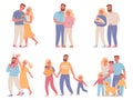 Family stages. Love couple relationship, marriage, pregnant woman, parents and newborn baby, mom, dad and kid. Family