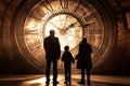 Family stand in front of big clock. Generate Ai Royalty Free Stock Photo