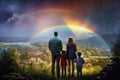 Family standing on a fence looking at a rainbow over the lake and mountains, A family viewing a rainbow after a downpour, AI Royalty Free Stock Photo