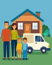 A family standing in front of a foreclosed home with their belongings packed in a moving van representing the Royalty Free Stock Photo