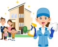A family standing in front of a house and a woman in work clothes with cleaning tools